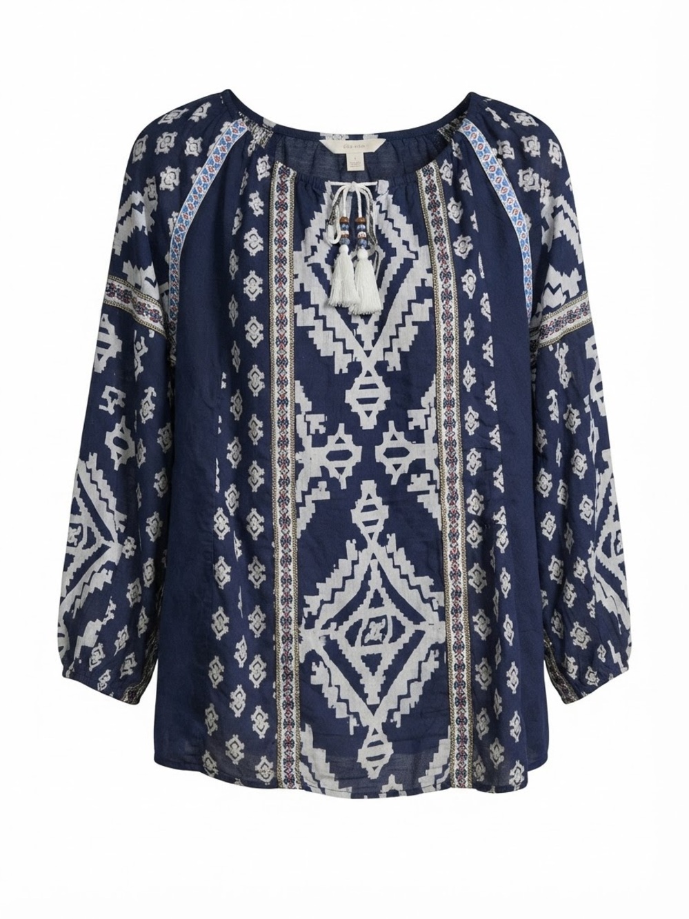 Tory Burch Candice Navy White Tassel Split Neck Printed Cotton Top xs